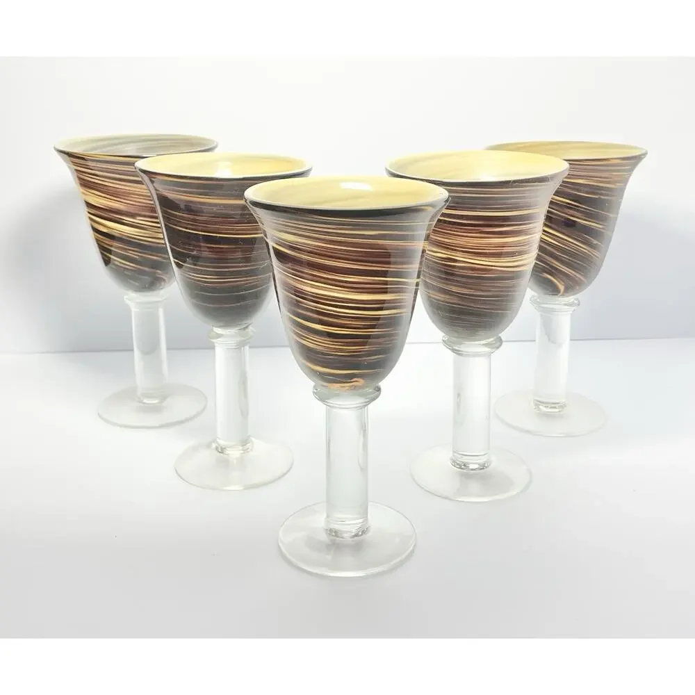 5 Handblown Murano-style Brown Amber Swirl Water or Wine Goblets 8 1/4” 14oz